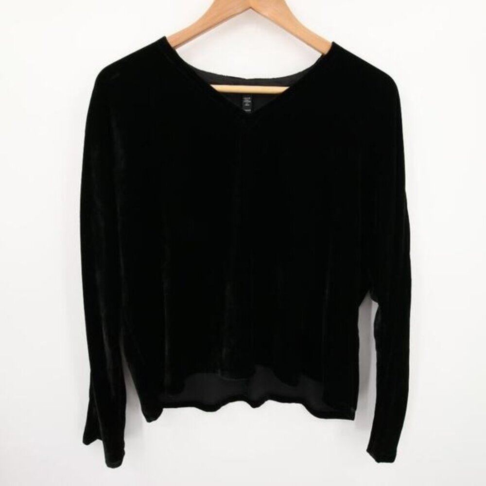 Eileen Fisher Blouse Black Velvet V-Neck Dolman Long Sleeve Silk Blend XXS
